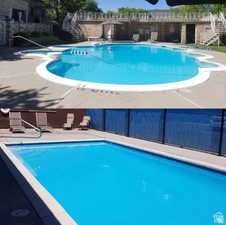 Community pool with stairway and a patio