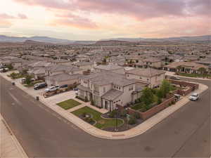 Aerial view of residential area with a mountain backdrop