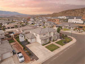 Aerial view at dusk of a mountain view and a residential view