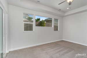 Spare room featuring a raised ceiling, light carpet, and a ceiling fan