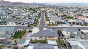Aerial view of residential area with a mountain backdrop