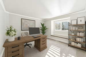 Office area featuring crown molding and light colored carpet