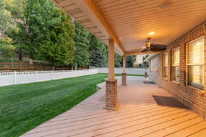 Deck featuring a fenced backyard and a ceiling fan