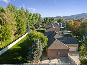 Aerial view of residential area with mountains