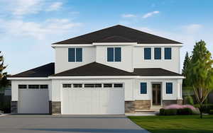 View of front of home rendering featuring driveway, brick siding, and a garage
