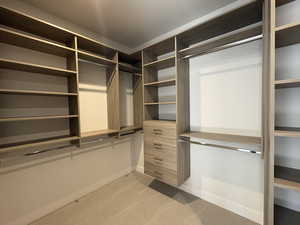 Walk in closet featuring light colored carpet