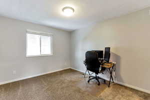 Carpeted office featuring a textured ceiling and baseboards