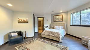 Bedroom with recessed lighting and dark wood-style flooring