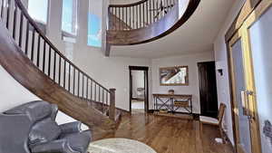 Foyer entrance featuring a towering ceiling and dark wood finished floors
