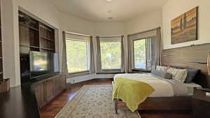 Bedroom with dark wood-style flooring