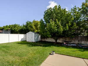 Fenced backyard featuring a storage shed, a patio area, and a trampoline