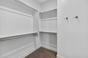 Walk in closet with dark colored carpet