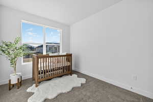 Bedroom with a crib and carpet