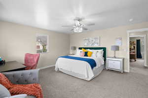 Bedroom with carpet floors and ceiling fan