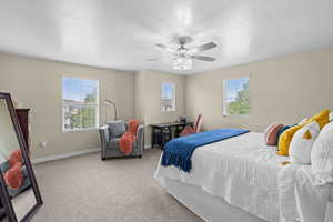 Carpeted bedroom with a textured ceiling, multiple windows, and a ceiling fan