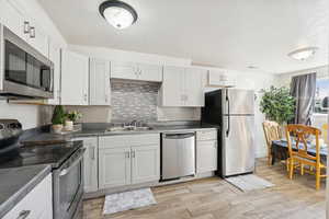 Kitchen with stainless steel appliances, tasteful backsplash, white cabinets, and light wood finished floors