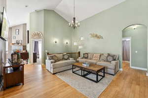 Open Great Room with Vaulted Ceilings and Bamboo Flooring