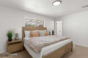Bedroom featuring carpet floors and a textured ceiling