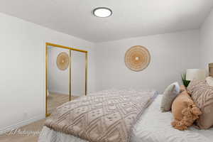 Bedroom featuring light carpet, a closet, and a textured ceiling