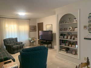 Living area with carpet and a textured ceiling