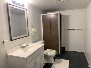 Bathroom with a textured ceiling, a stall shower, and vanity
