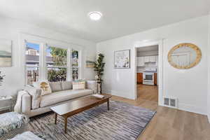 Living room featuring light wood-style flooring and a textured ceiling