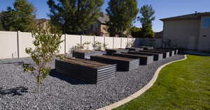 Fenced backyard with a garden and a patio