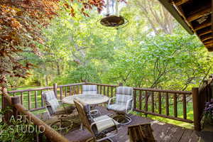 Wooden deck featuring outdoor dining space