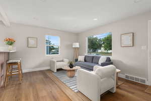 Living room featuring wood finished floors and recessed lighting