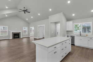 Great room and kitchen with white cabinetry, a center island, high vaulted ceiling, open floor plan, and recessed lighting