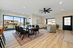 Dining space featuring recessed lighting, light wood finished floors, and a ceiling fan