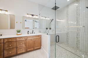 Full bath featuring double vanity and a stall shower