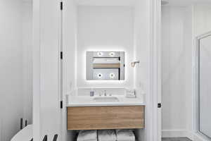 Bathroom with a shower stall and vanity