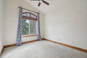 Unfurnished room featuring lofted ceiling, carpet, and a ceiling fan