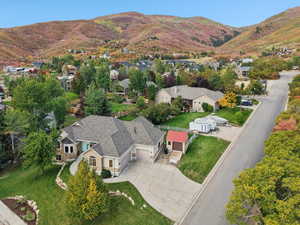 Aerial perspective of suburban area featuring mountains