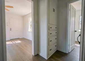 Hall with dark wood-type flooring and healthy amount of natural light