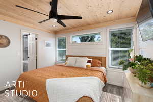 Bedroom with wood finished floors, wooden ceiling, a ceiling fan, ensuite bathroom, and recessed lighting