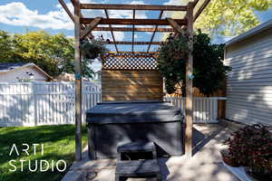 View of patio / terrace featuring a hot tub and a pergola