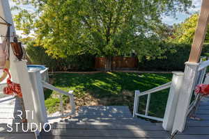 Fenced backyard featuring a wooden deck