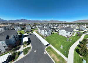 Aerial view of residential area with mountains