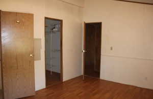 Unfurnished bedroom with dark wood-style floors and a walk in closet