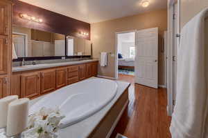 Ensuite bathroom with a stall shower, soaking tub, double vanities, large walk-in closet, and lots of storage