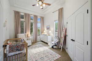 Living area with carpet floors, a raised ceiling, and ceiling fan