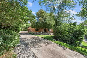View of property hidden behind natural elements with concrete driveway, stone siding, a front yard, and an attached garage