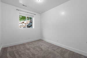 Spare room featuring carpet flooring and a textured ceiling