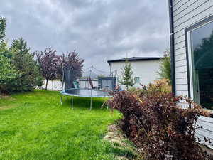 View of grassy yard with a trampoline