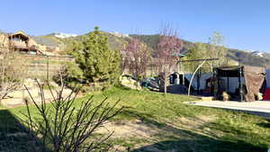 View of yard featuring a mountain view and a playground