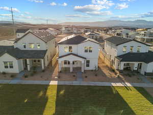 Aerial view of residential area with mountains