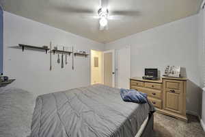 Carpeted bedroom featuring ceiling fan and electric panel