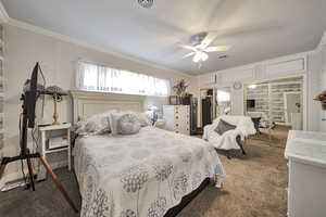 Bedroom featuring crown molding, two closets, a ceiling fan, and carpet flooring